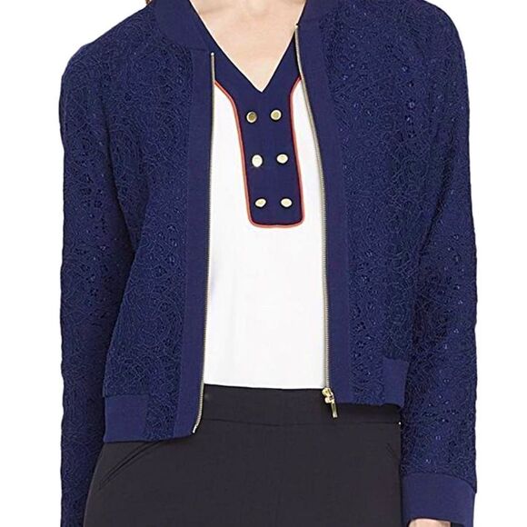 Tahari Arthur S Levine NWT 18 blue lace Bomber jacket gold zipper - Picture 1 of 15